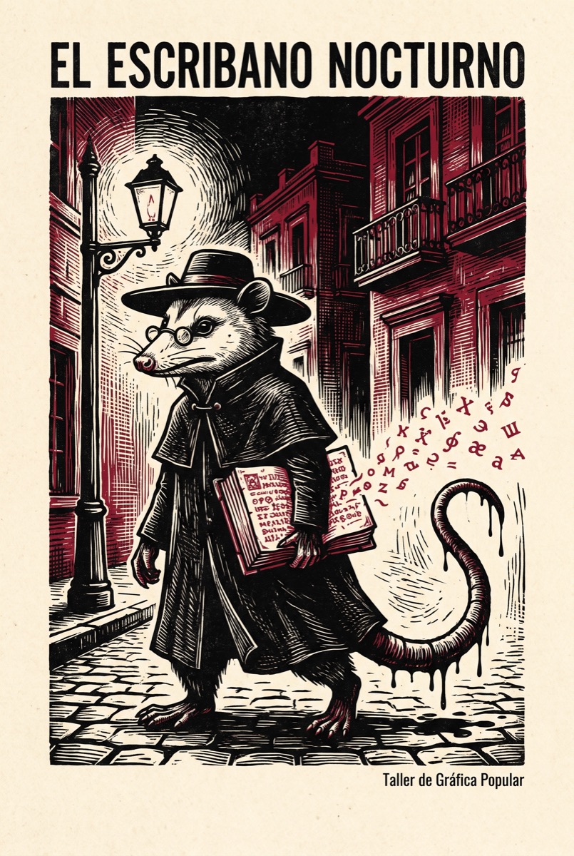 El Escribano: grabado de un tlacuache con libros recorriendo la ciudad de noche